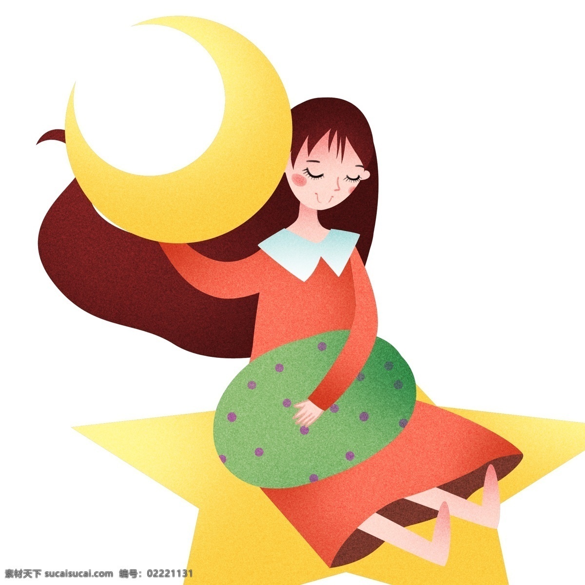 抱 月亮 睡觉 女孩 世界 睡眠 日 插画 睡觉的女孩 黄色的月亮 绿色的枕头 熟睡的女孩 卡通人物