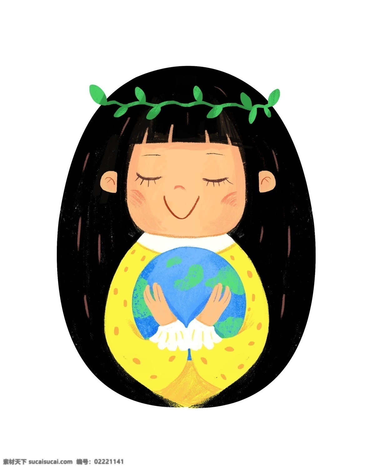 地球 小时 女孩 插画 黑色的头发 绿色的叶子 卡通插画 地球一小时 爱护地球 热爱地球 保护地球