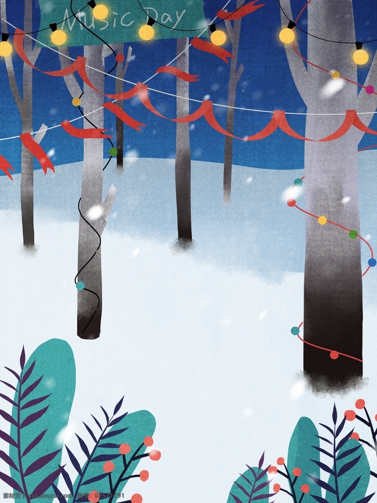 雪地 树林 音乐会 背景 装饰 冬季 背景图 创意 彩旗 森林音乐会 手绘背景 通用背景 psd背景 背景展板 促销背景 背景展板图 彩灯