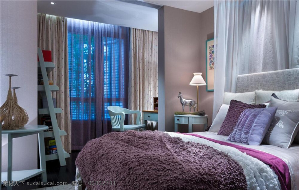 现代 清新 卧室 紫色 毛毯 室内装修 效果图 白色桌子 卧室装修 紫色毛毯 深色花瓶