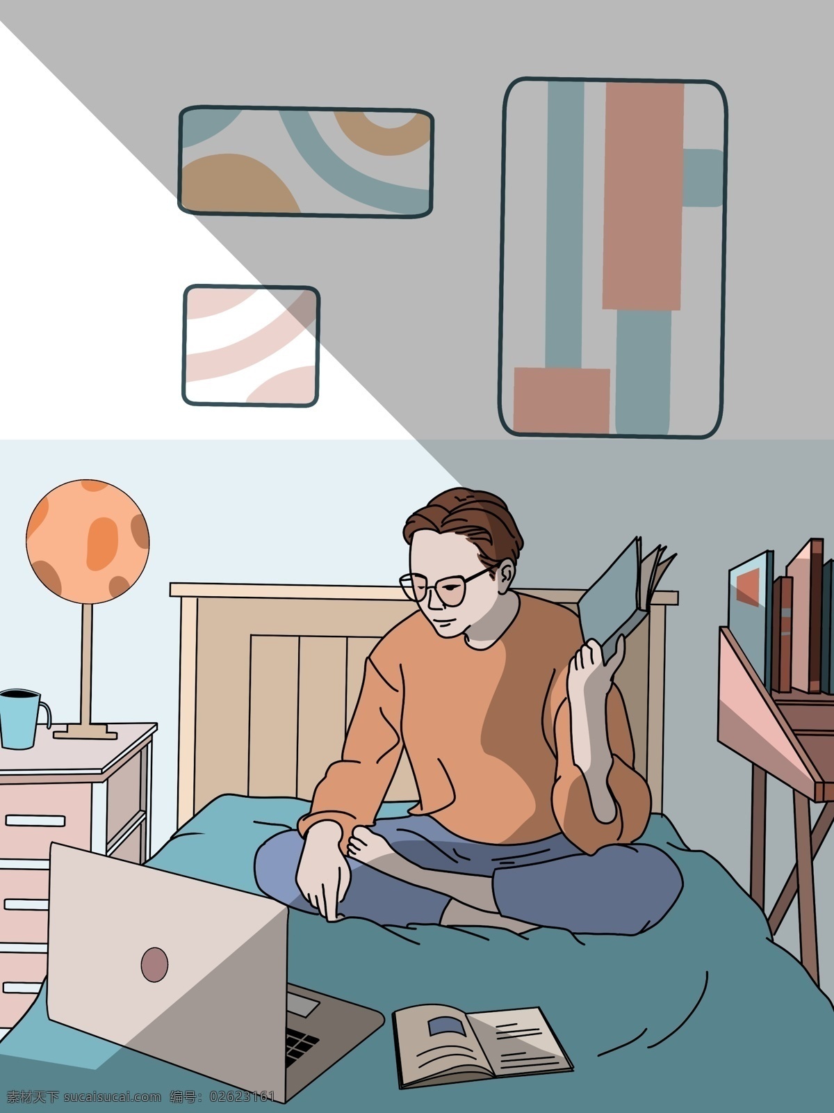 居家 学习 日常 描 插画 原创 商业插画 壁纸海报 日常生活 办公 女人 人物 卧室 舒适 描边风格