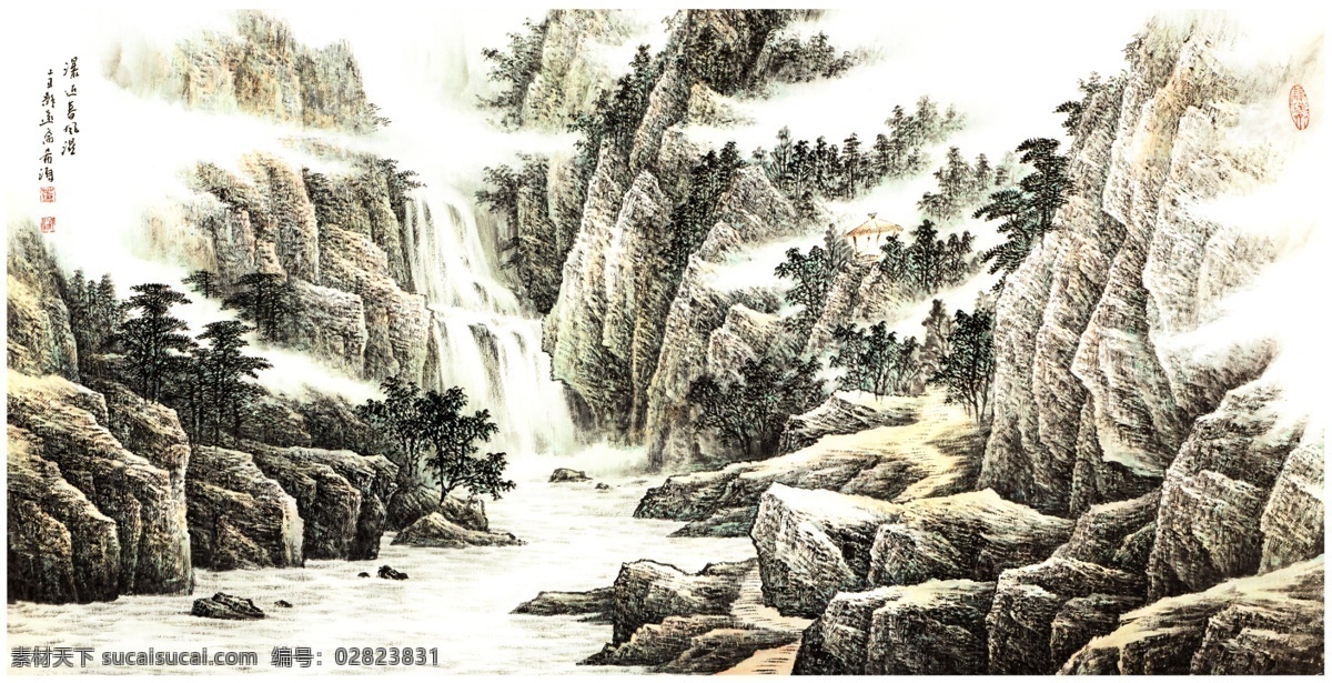 山水清音 山水画 山水 水墨画 国画山水 山水风景 国画 泼墨 写意山水 写意画 烟云 瀑布 中堂画 殿堂背景 溪流 文化艺术 绘画书法