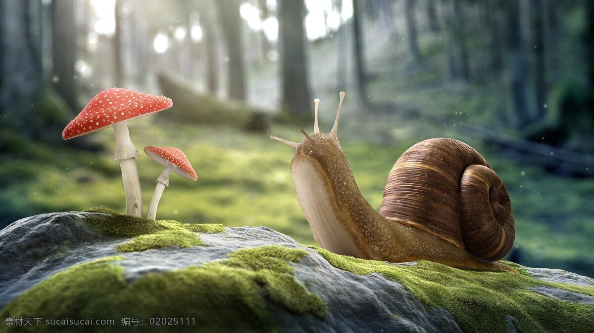 动物 蜗牛 背景图片 蘑菇 森林 树木 岩石 蜗牛背景图片 黑色