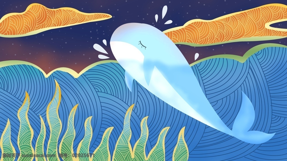 流光溢彩 中国 风 夜晚 鲸鱼 越出 海面 中国风 云 夜空 插画 壁纸
