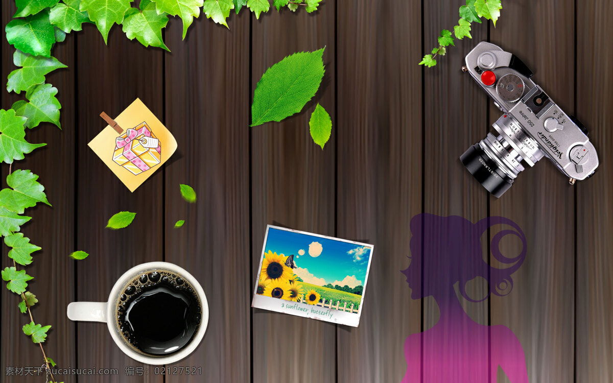 木板 背景 绿叶 藤蔓 合成 桌面 咖啡 相机 向日葵 照片 女孩剪影 合成桌面 底纹边框 其他素材