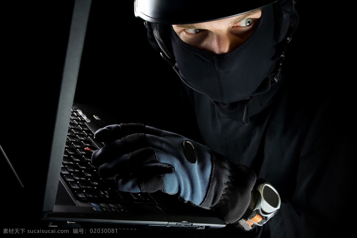 蒙 面的 神秘 人 盗取 电脑 文件 黑客 笔记本电脑 手提电脑 蒙面 盗窃 偷 戴手套 外国男人 高清图片 通讯网络 现代科技