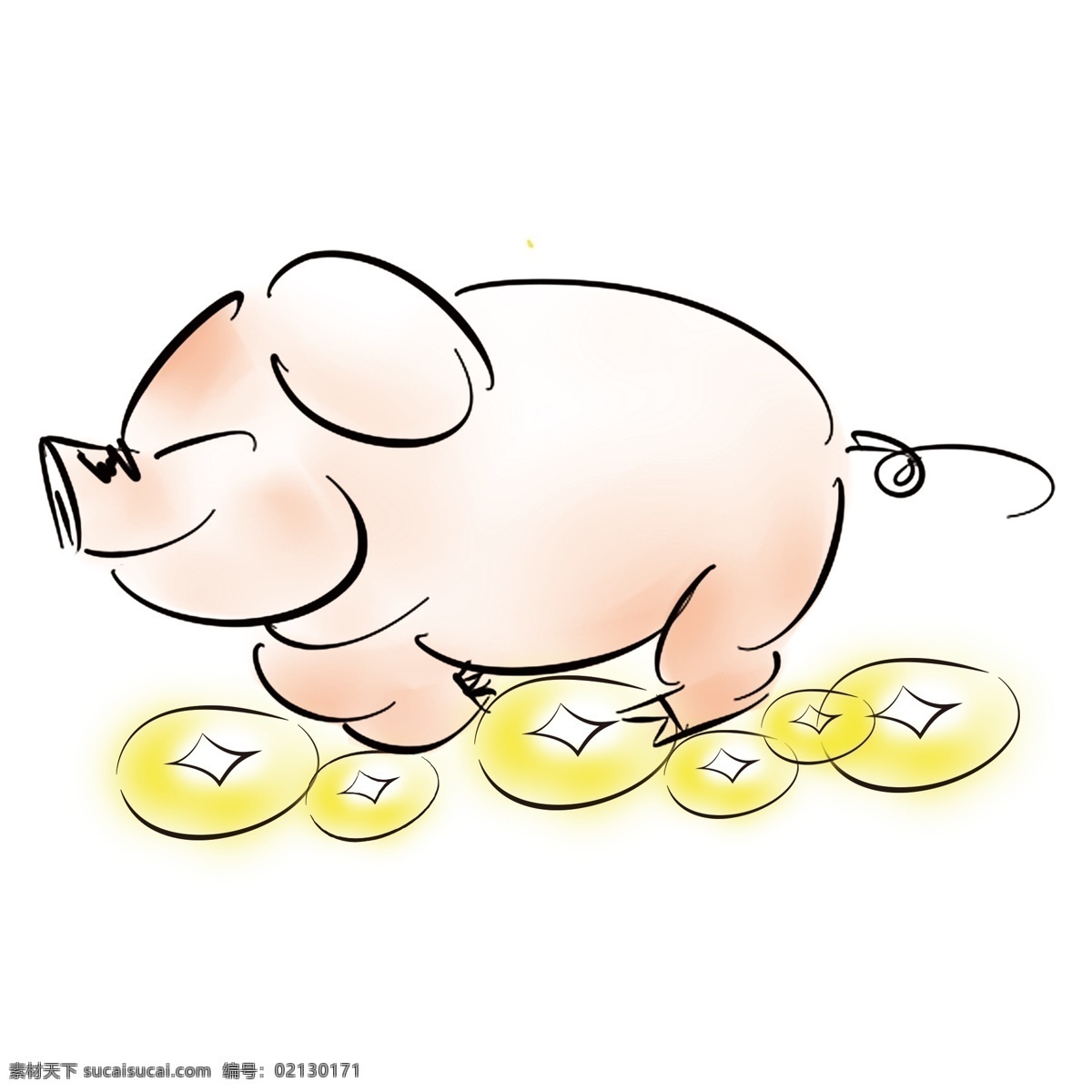 手绘 风 简约 粉红 猪 金币 卡通 新年
