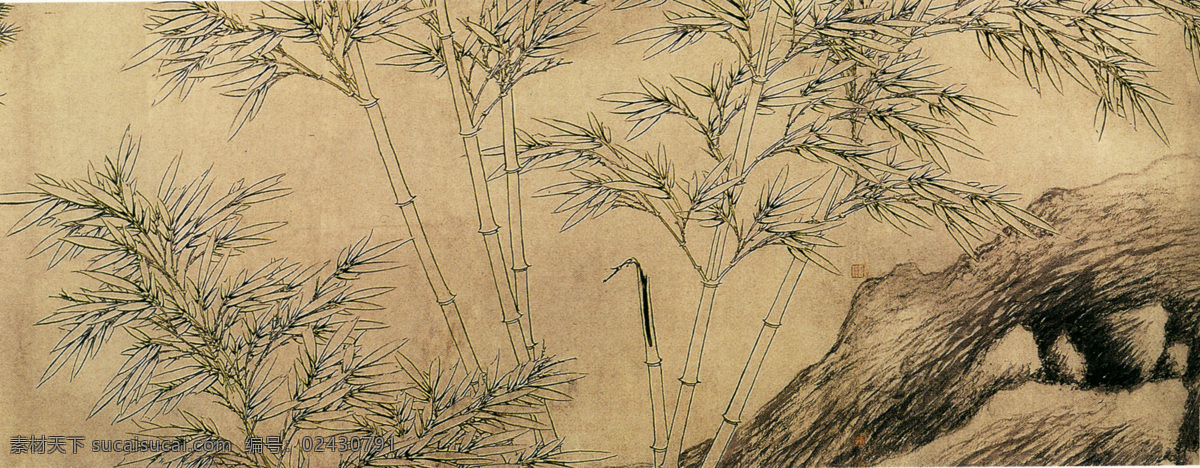双钩 竹 松 石图 a 花鸟画 中国 古画 中国古画 设计素材 花鸟名画 古典藏画 书画美术 黄色