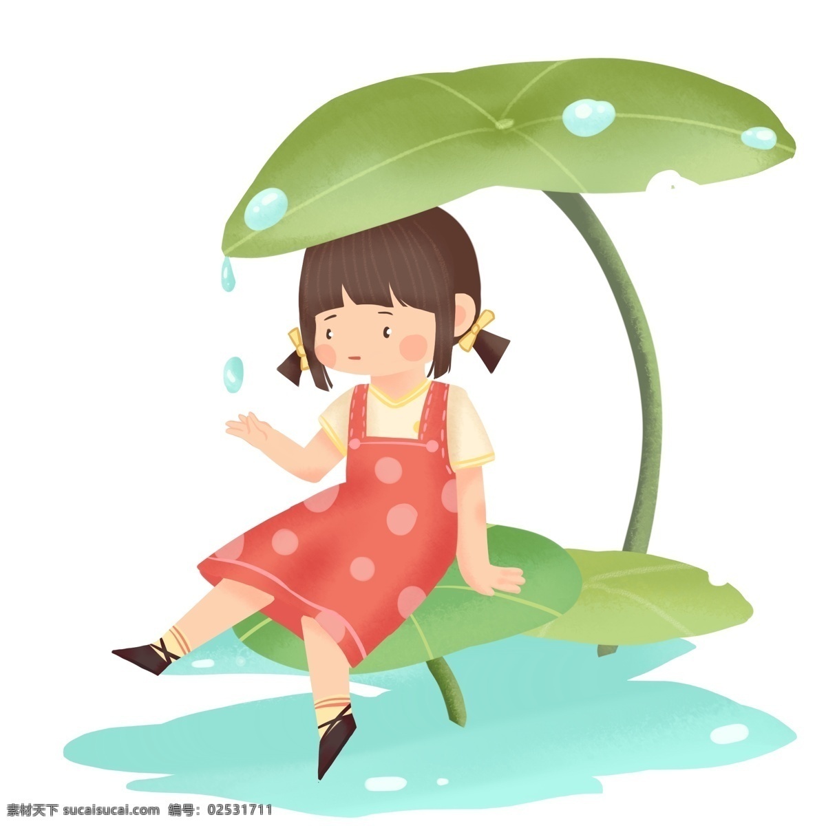 谷雨 绿叶 卡通 插画 绿色的叶子 卡通插画 二十四节气 谷雨插画 下雨 节气 节日 漂亮的女孩