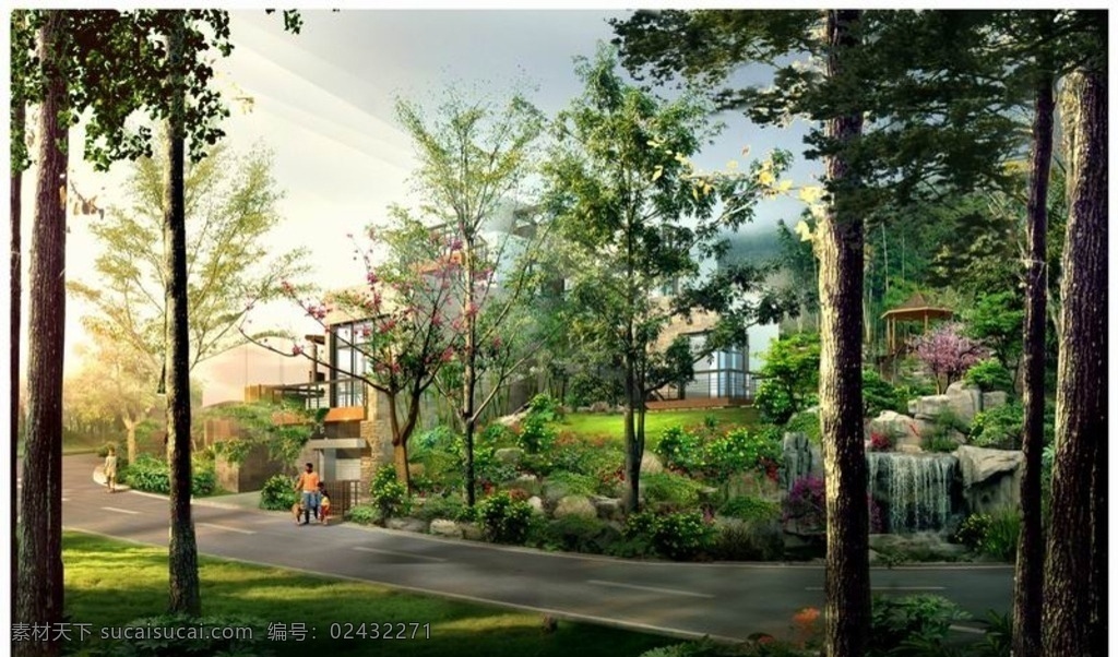 园林景观 依山别墅 假山叠水 山林风景 山中别墅 别墅景观设计 图片共享 分层