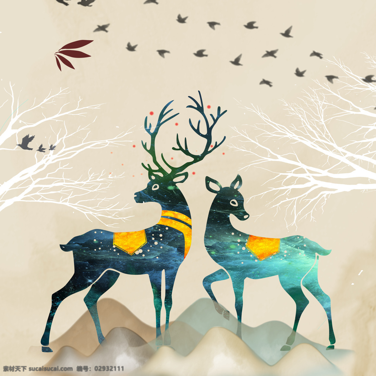麋鹿 画框 背景图片 水墨 发财树 鸟 金色麋鹿 彩色麋鹿 北欧画面麋鹿 古风画框