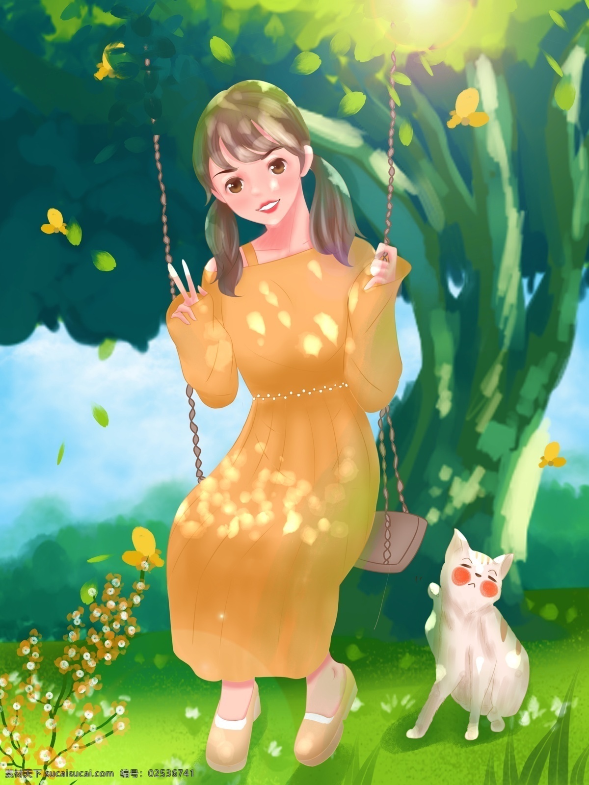 原创 手绘 插画 青年节 女孩 小猫 树下 荡秋千 原创手绘插画 在树下荡秋千