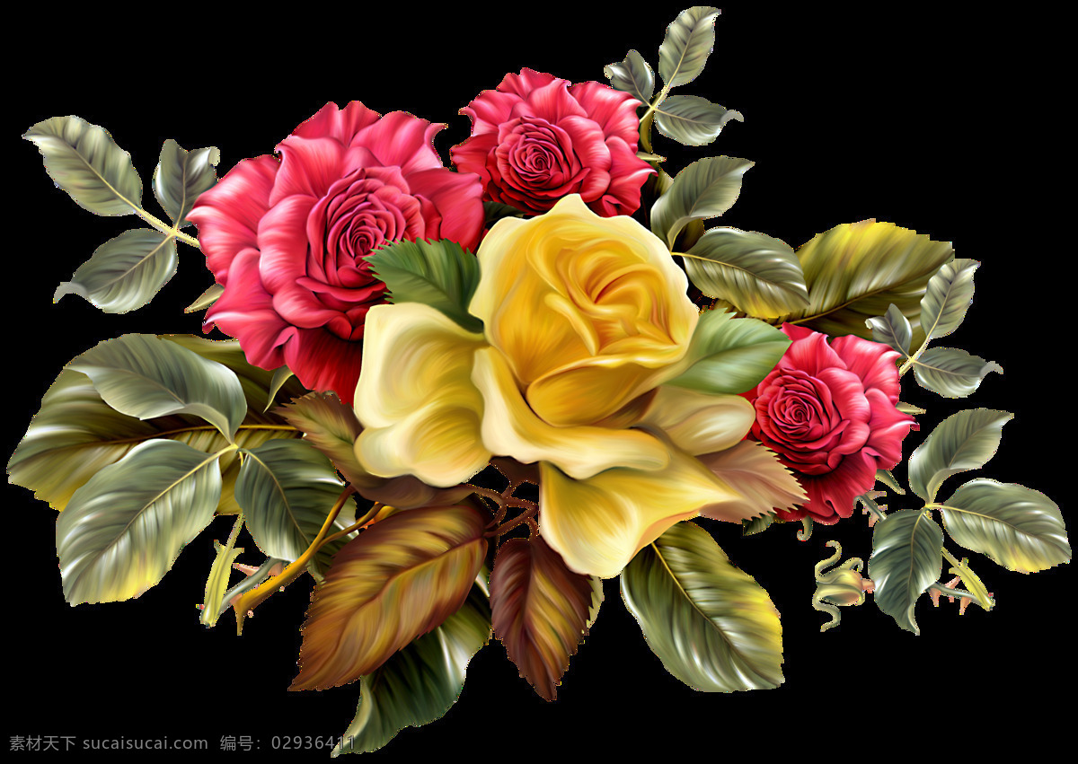 手绘 高贵 复古 花朵 透明 绿叶 黄色 玫瑰 红色 透明素材 装饰图案