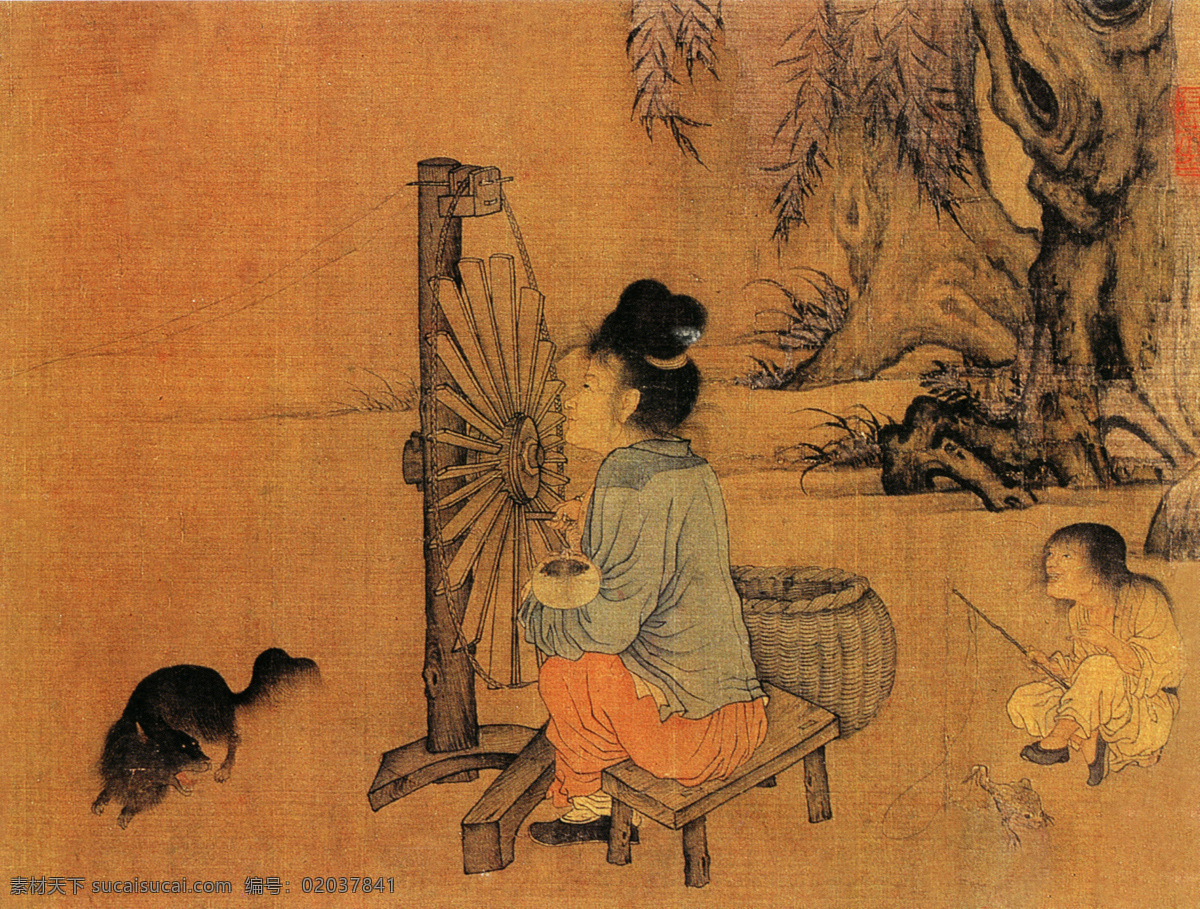 纺车图b 人物画 中国 古画 中国古画 设计素材 人物名画 古典藏画 书画美术 棕色