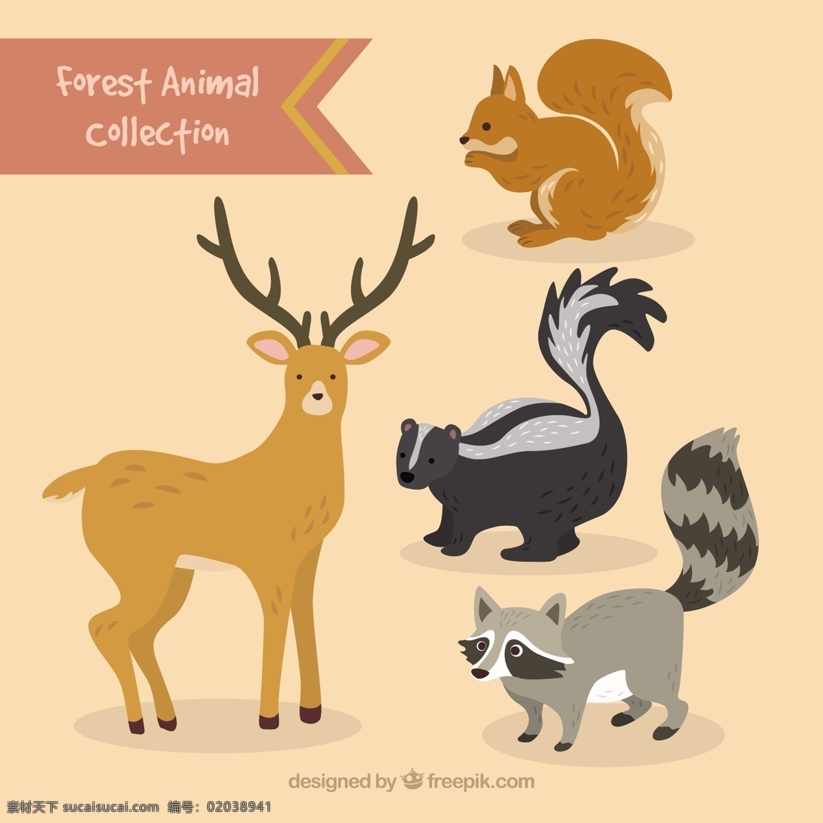 手工 绘制 可爱 森林 动物 集合 一方面 自然 手绘 绘画 驯鹿 可爱的松鼠 可爱的动物 画野 设置好 草图 野生动物 粗略 浣熊 黄色