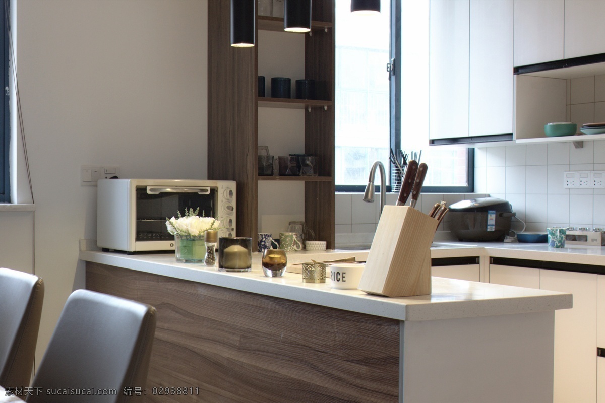 简约 开放式 厨房 木质 橱柜 装修 效果图 长方形餐桌 窗户 木地板 桌椅