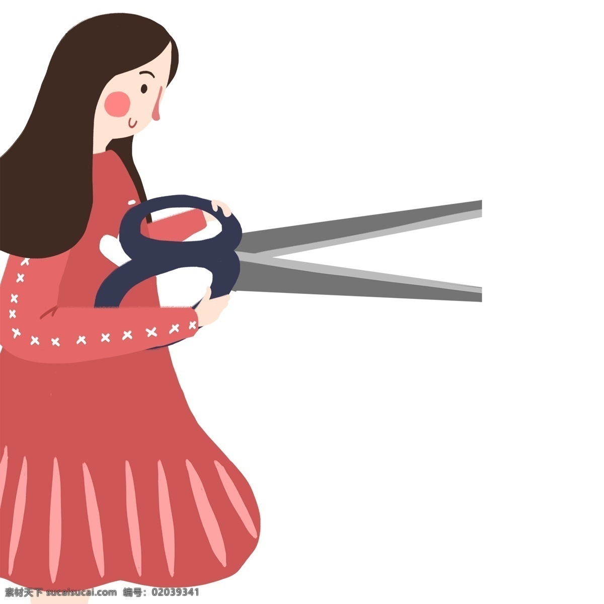卡通 手绘 大 剪刀 女孩 人物 可爱 女生 插画