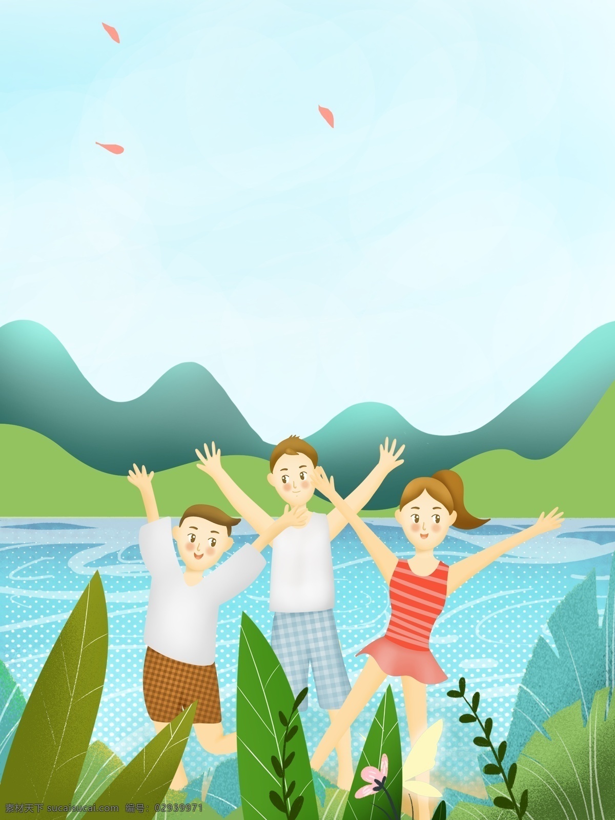 清新 绿色 夏季 河里 小朋友 降 暑 背景 降暑 清爽 芒种 河水 山