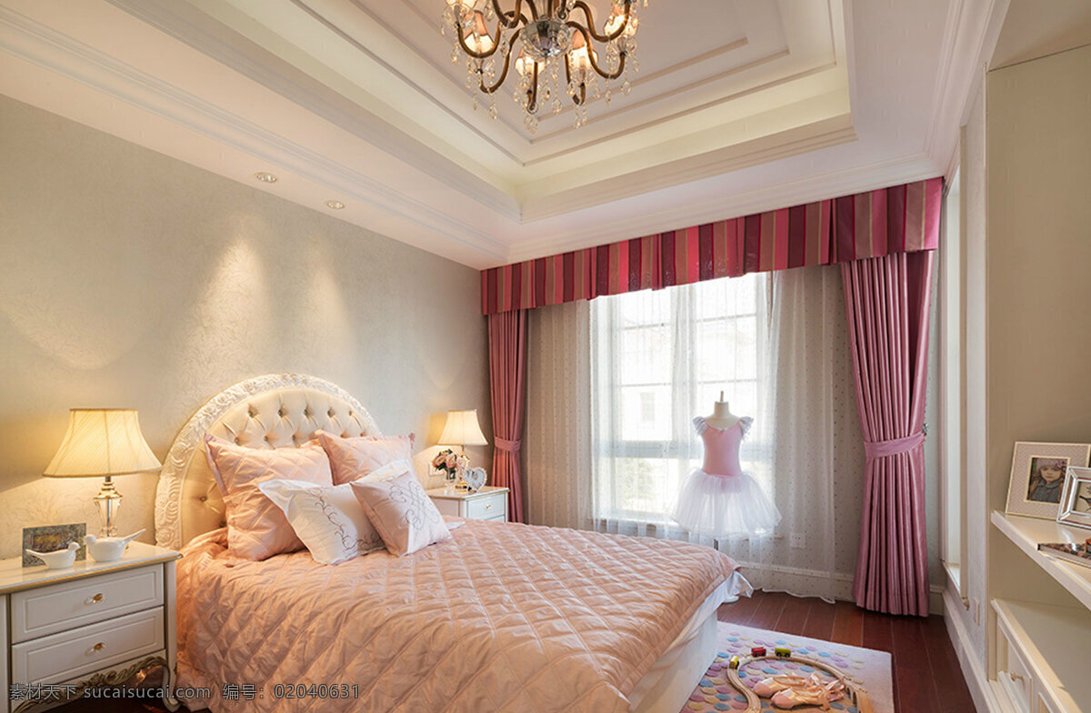 清新 少女 风 卧室 浅蓝色 墙壁 室内装修 效果图 卧室装修 木地板 粉色窗帘 白色柜子