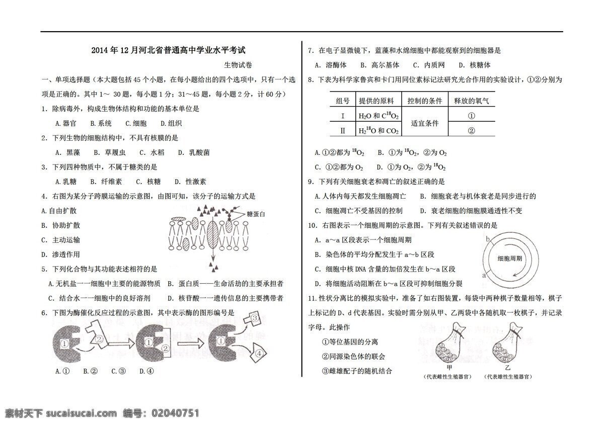 生物 会考 专区 月 河北省 普通高中 学业 水平考试 试卷 会考专区 会考真题