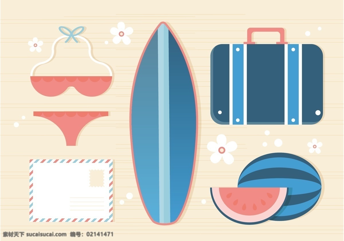 沙滩 夏天 度假 比基尼 冲浪板 行李箱 西瓜 矢量素材