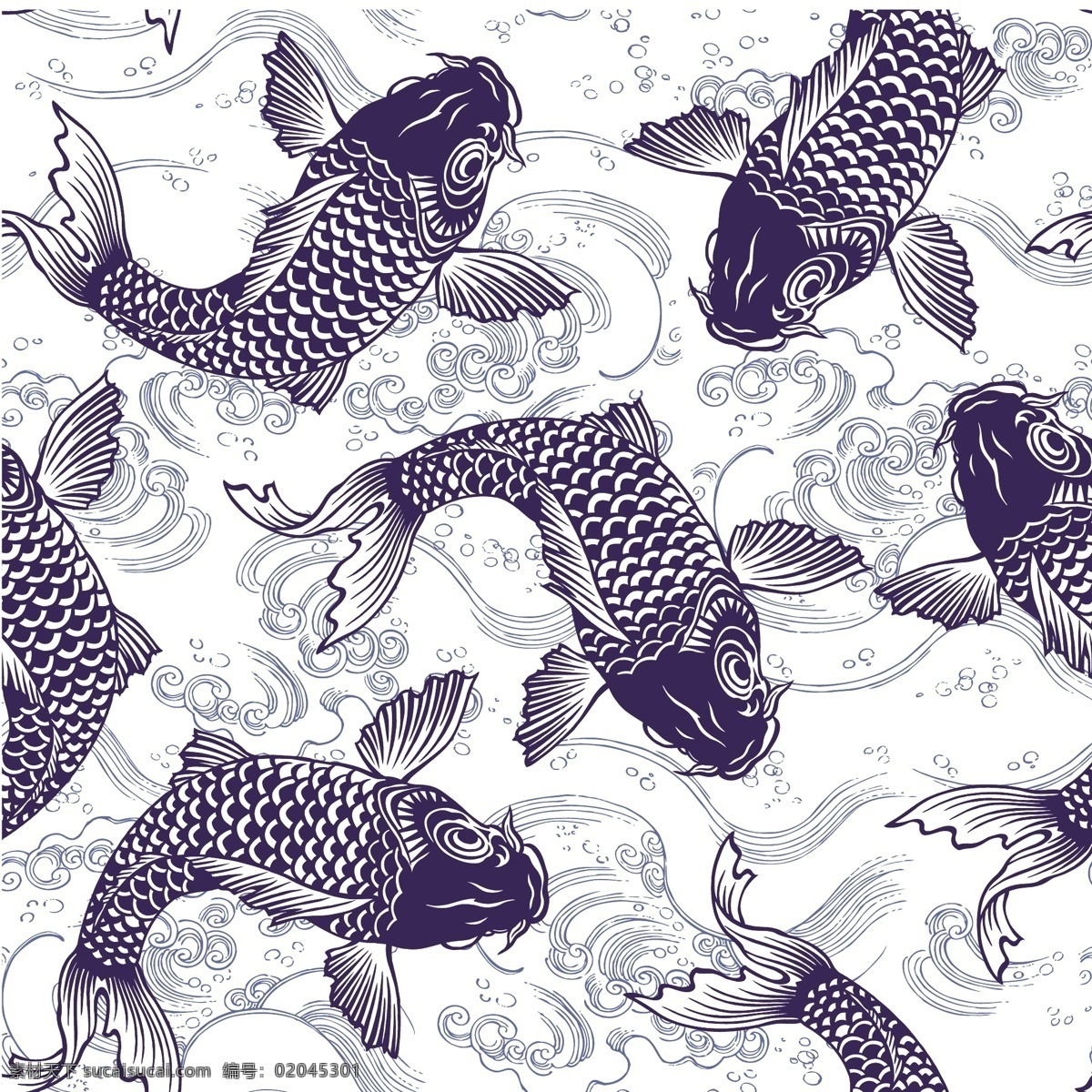 鲤鱼插画图案 中国风鲤鱼 鲤鱼绘画 鲤鱼插画 鲤鱼图案 中式鲤鱼 鱼类 风水装饰