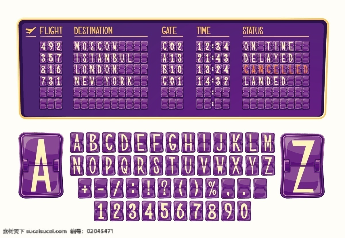 机场 出入境 矢量 插 图板 各种 数字 文字 卡通风格 背景 技术 图标 卡通 时钟 表格 排版 字体 字母表 文本 时间 信件 标志 板 技术背景 信息