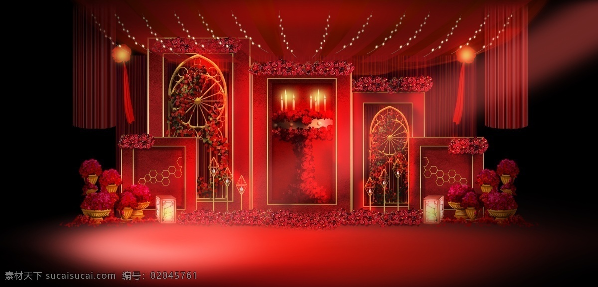 中式 仪式 感 婚礼 效果图 红色 大气 灯笼 中式d