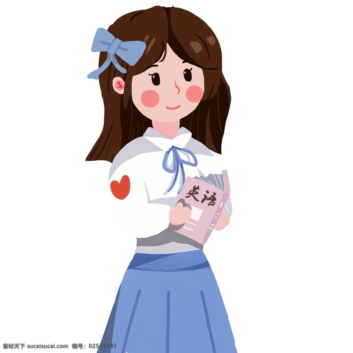 棕色 蓝色 红色 粉色 白色 人物 小女孩 英语 书 英语书 学生 学习 学校 可爱 卡通 手绘