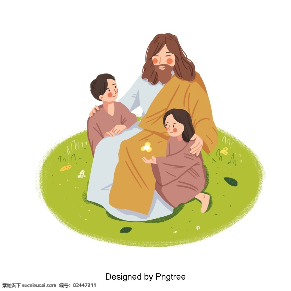可爱 耶稣 儿童 手绘 插图 孩子 花草 快乐 照顾 叶子 刮 主 仁慈 关心