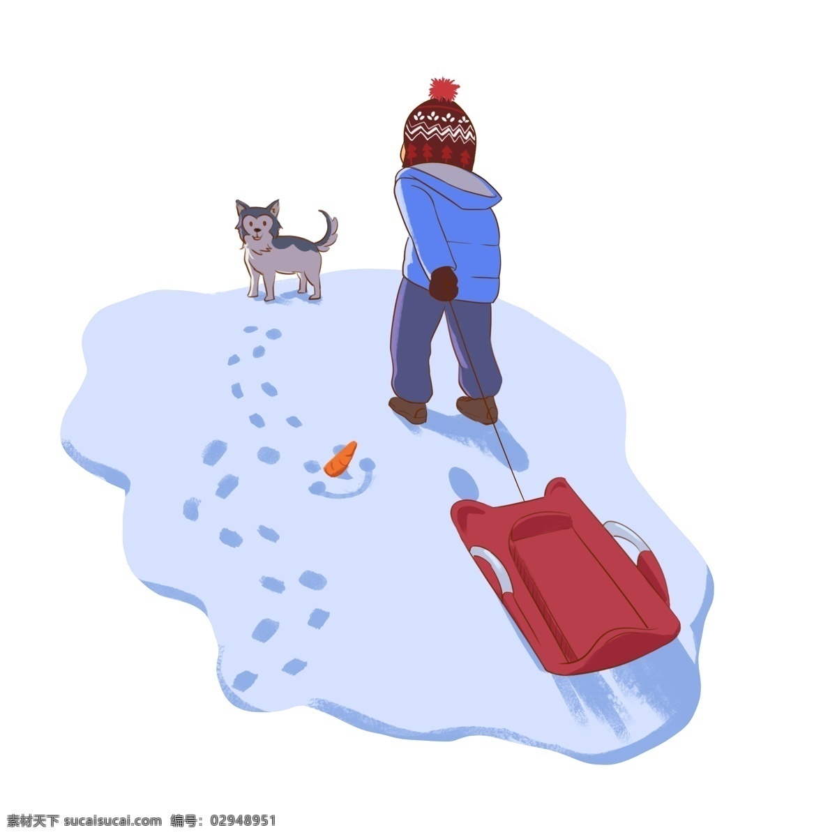 滑雪 插画 冬日 带 小狗 雪橇 去 脚印 插画冬日 哈士奇 帽子 羽绒服 手套 装饰 壁纸 小清新