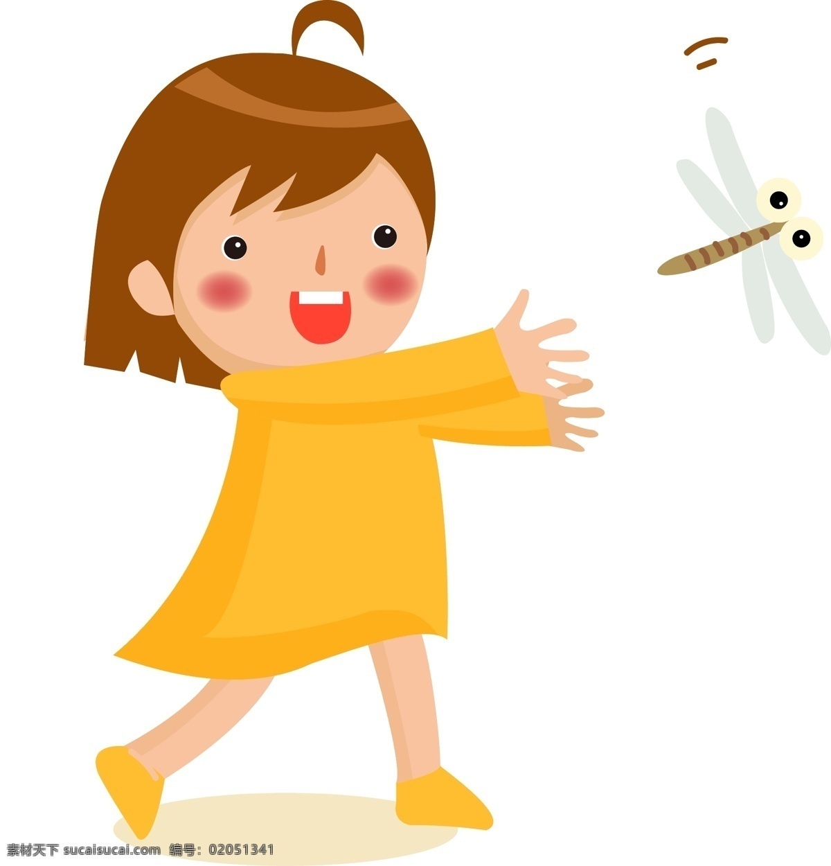 六一儿童节 捕捉 蜻蜓 女孩 回忆 童年 游戏 玩耍 卡通 矢量 手绘 插画 开心 快乐