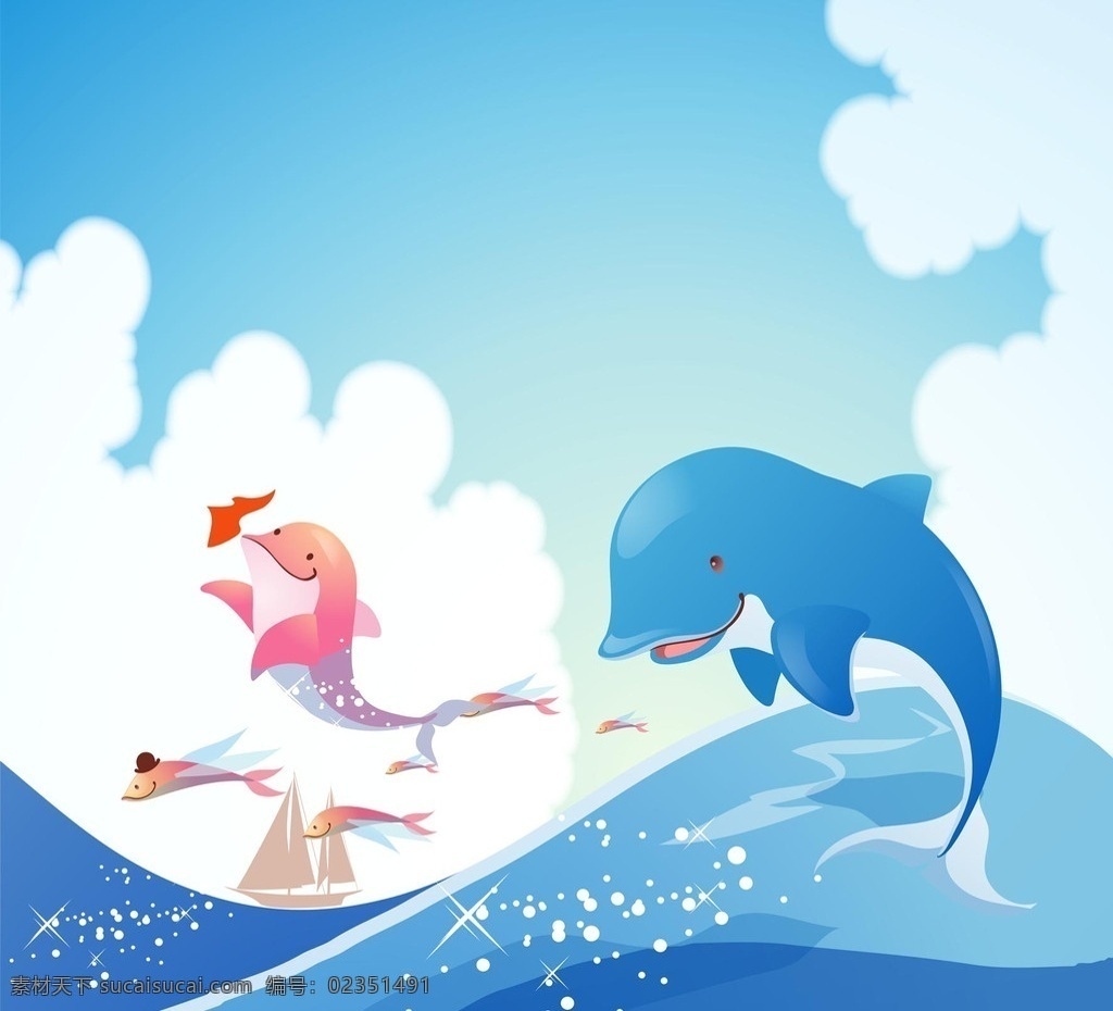 动漫动画 动漫风景 卡通动物 卡通画 卡通风景 白云 蓝色背景 花 美丽浪花 美丽风景 气泡 大海 海洋生物 珊瑚 色彩斑斓 海豚 风景漫画