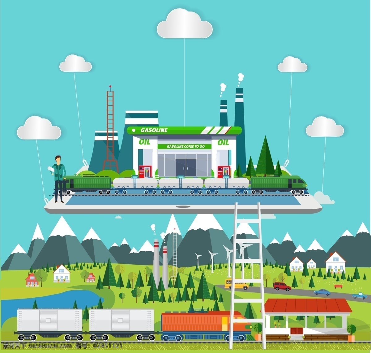 创意 合成 手机 平板 旅游 火车 插画 绿色风景 度假 海报矢量 商业