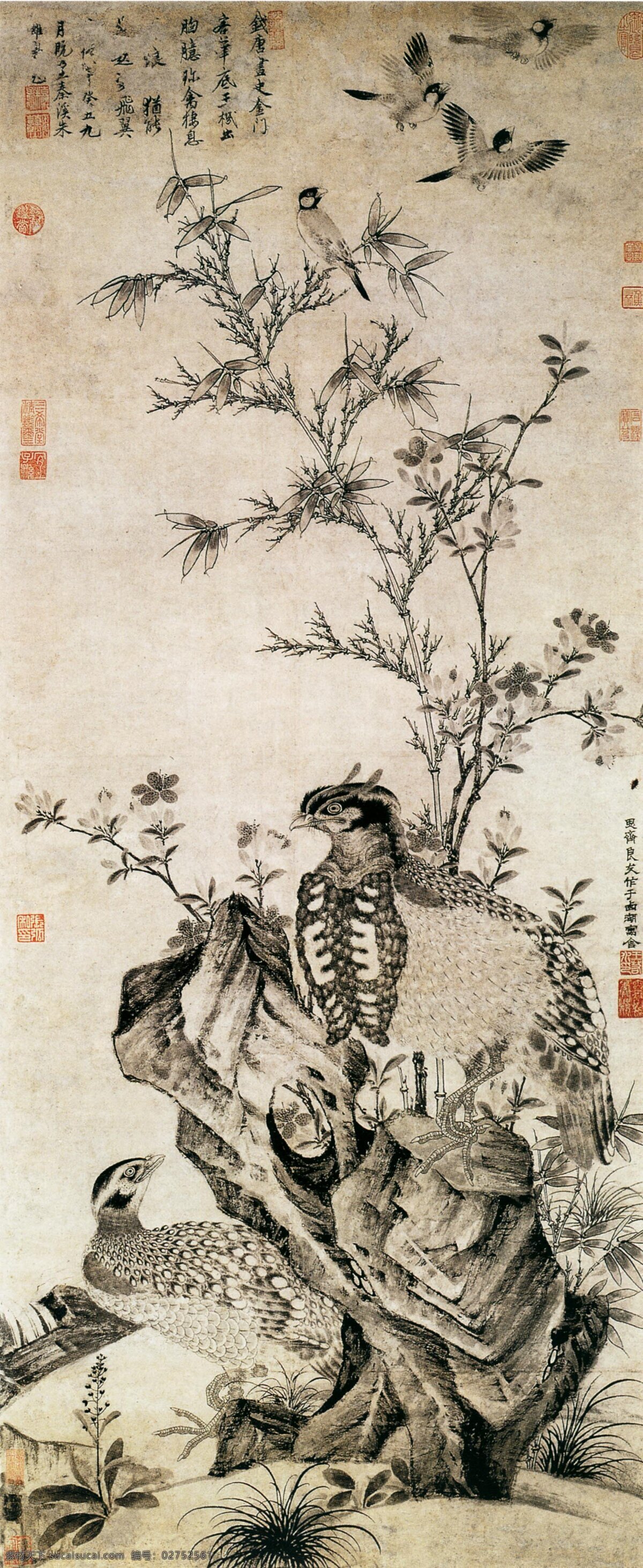 国画 艺术画 装饰画 古董 工艺画 枯枝喜鹊 绘画书法 文化艺术