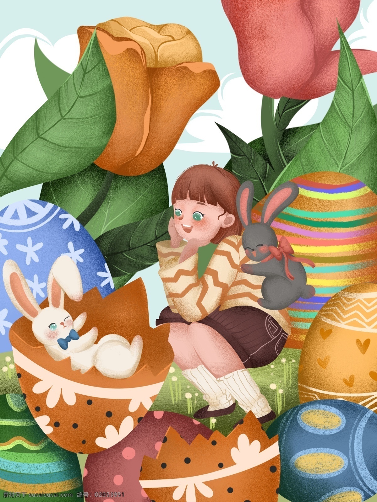 复活节 女孩 兔子 可爱 创意 插画 蛋 花卉 植物