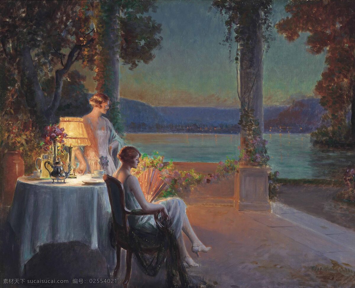观景 夜晚 两个女子 户外 夏季 台灯 19世纪油画 油画 文化艺术 绘画书法