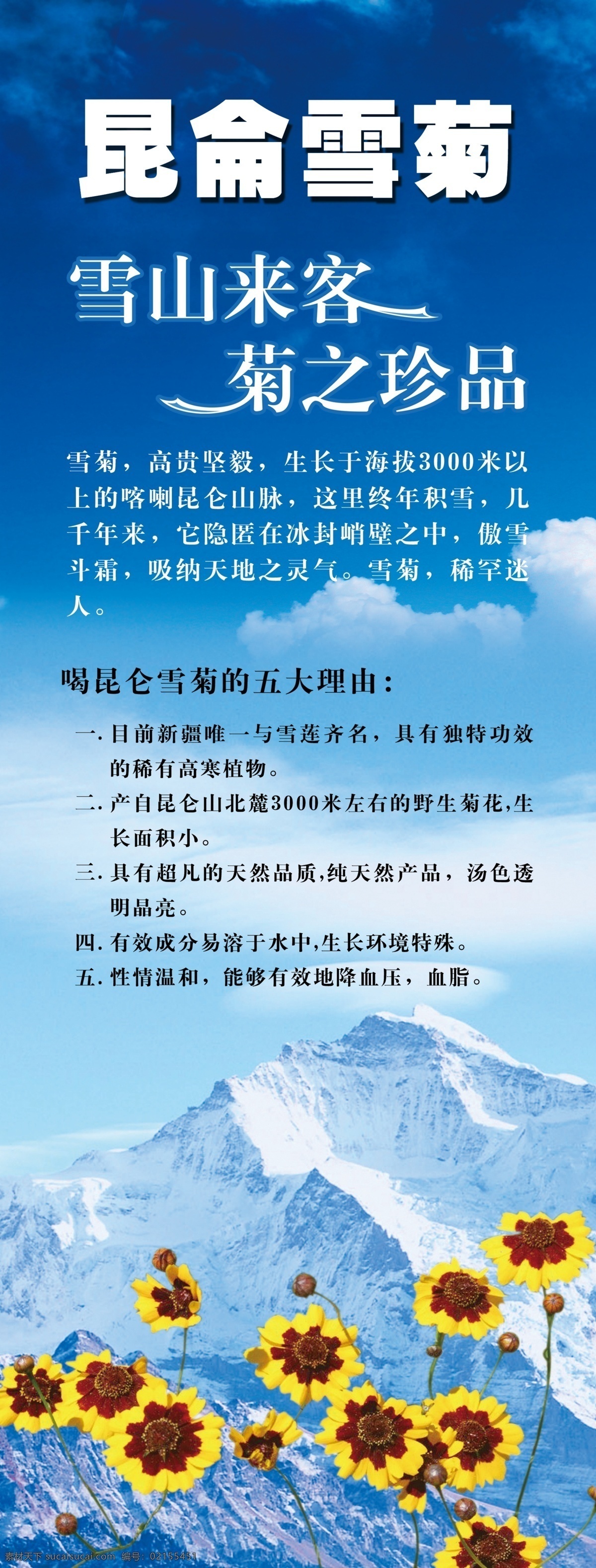 昆仑雪菊x架 x架 昆仑雪菊海报 海报 雪山来客 菊之珍品 雪菊 冰山 彩云 云朵 菊花 云雾 易拉宝 x展架 冰菊 展板模板 广告设计模板 源文件