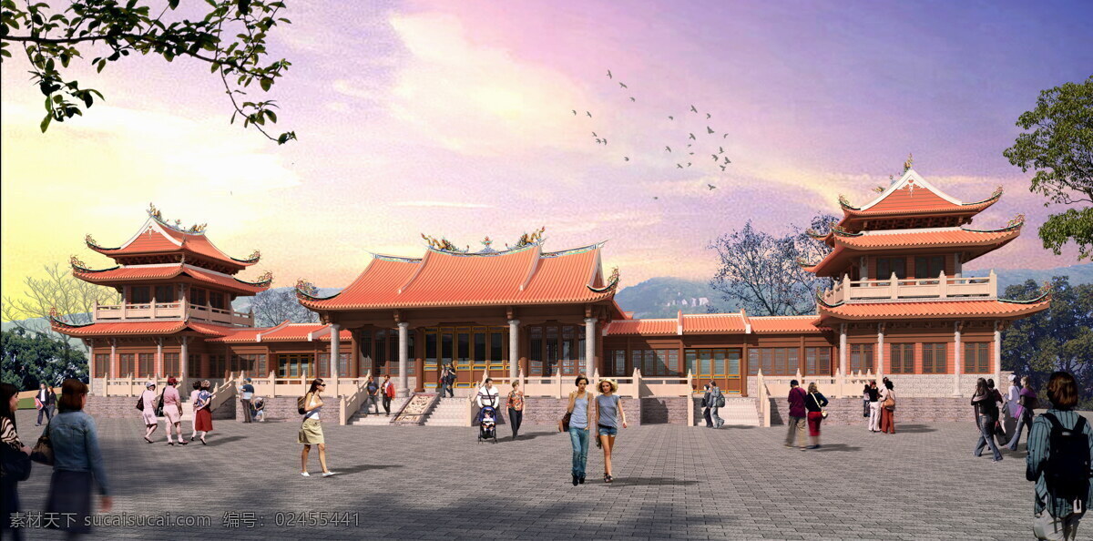 古建 山门 室外 景观 场景 效果图 寺庙 美景 建筑