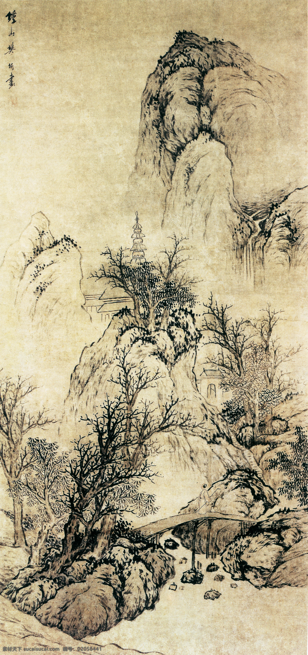 秋山萧寺图 中国 名画 黄色