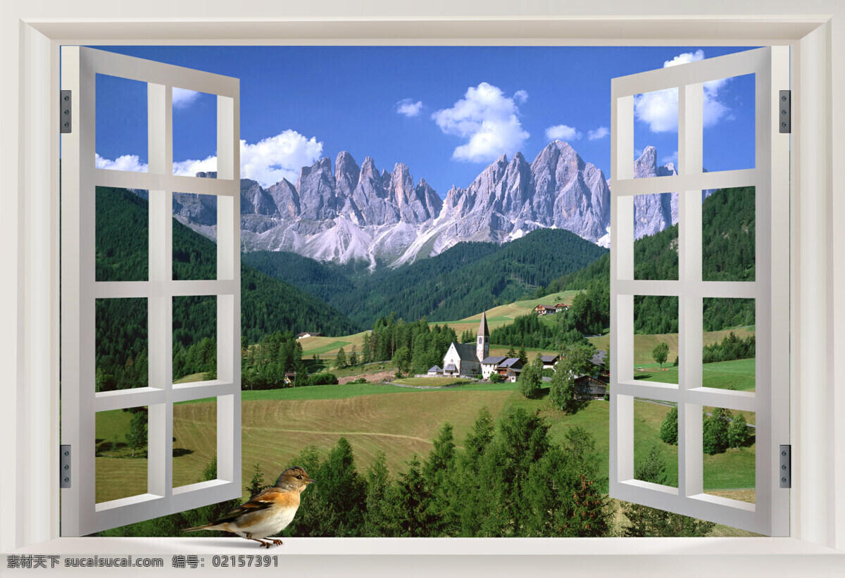 窗外风景 窗外 窗台 窗框 风景 自然景观 自然风光 自然风景 设计图库 白色窗户 小鸟 山脉 绿树 村庄 田野 蓝天白云 梦境