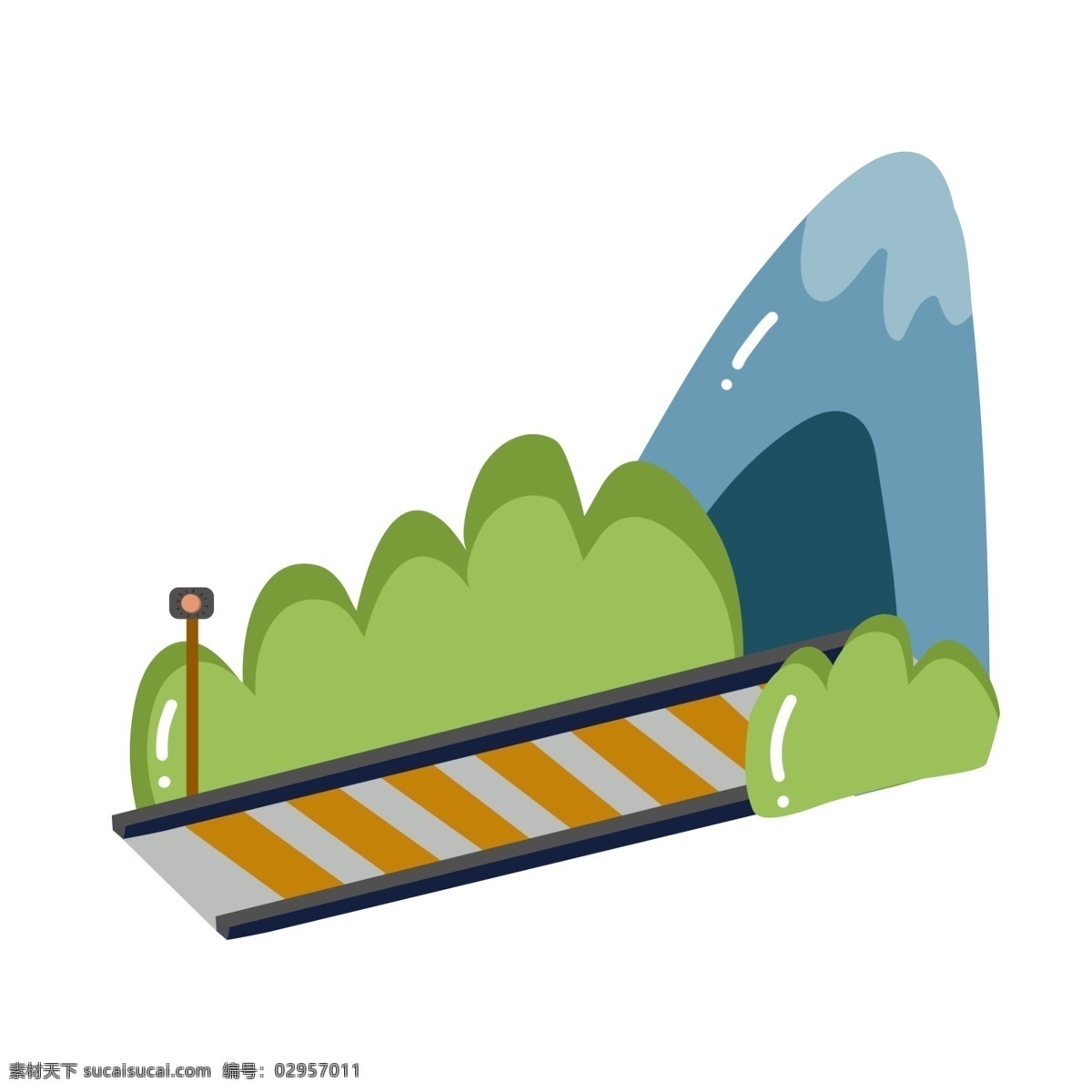 手绘 卡通 火车 山洞 插画 手绘火车山洞 卡通山洞 过山洞插画 轨道 绿色的植物 蓝色的山洞