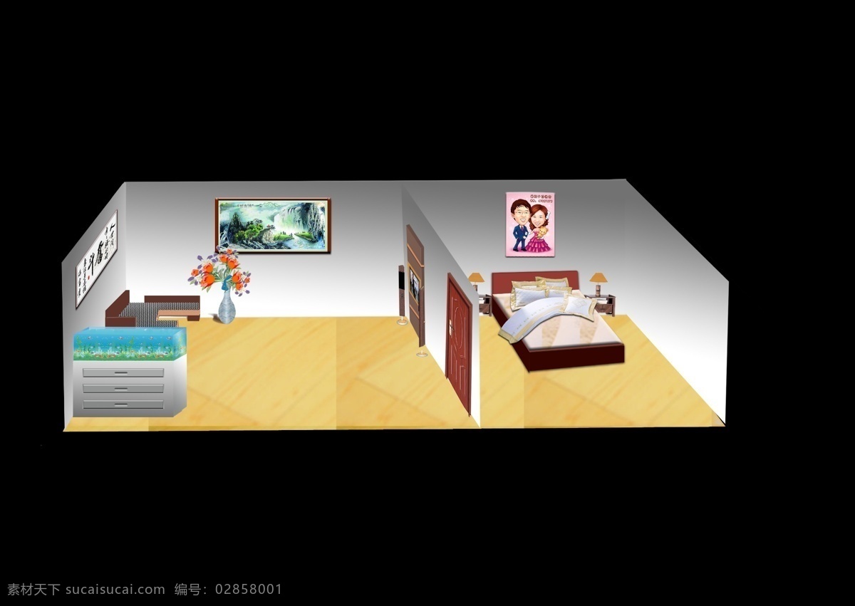 3d 室内设计 房子 房间 鱼缸 3d效果 床 沙发 ps设计 分层 psd设计 源文件