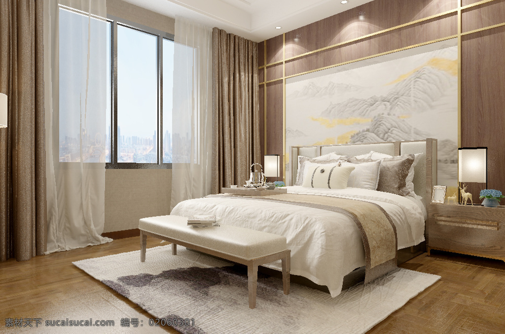 新 中式 风格 时尚 卧室 效果图 简约 大气 温馨 3d 新中式