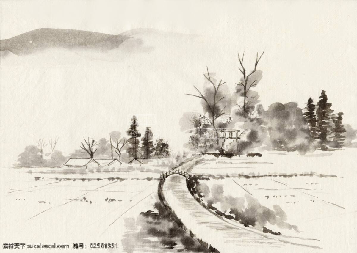 风景水墨画 水墨画 风景 中国画 田野 道路 树木 房屋 高山 绘画书法 文化艺术