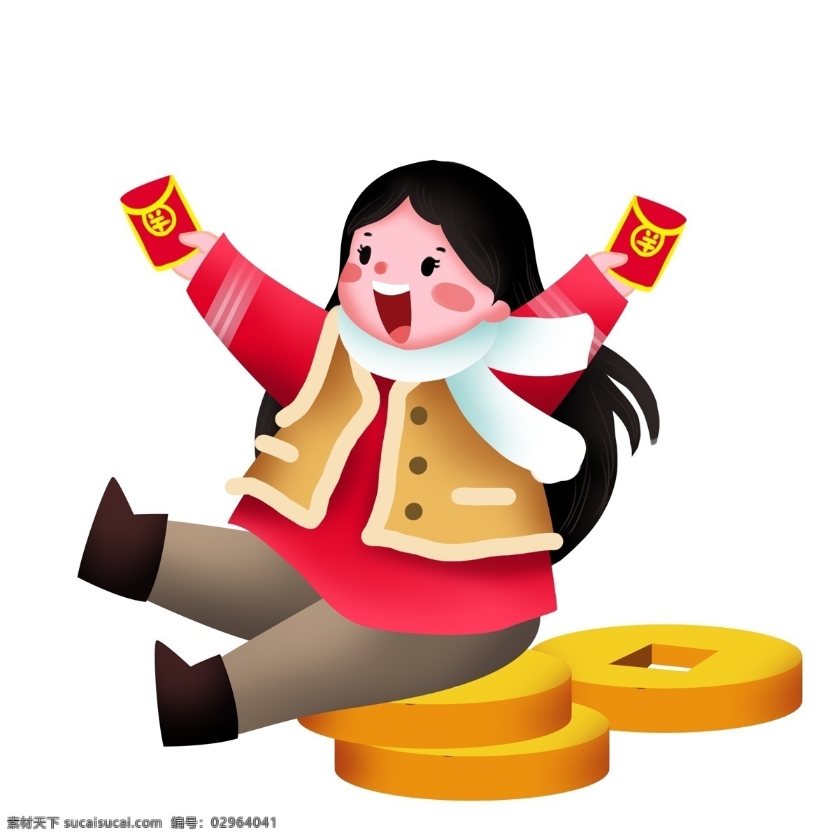手绘 新年 金币 插画 金色的金币 卡通插画 手绘新年插画 开心的女孩 快乐的新年 红色的红包