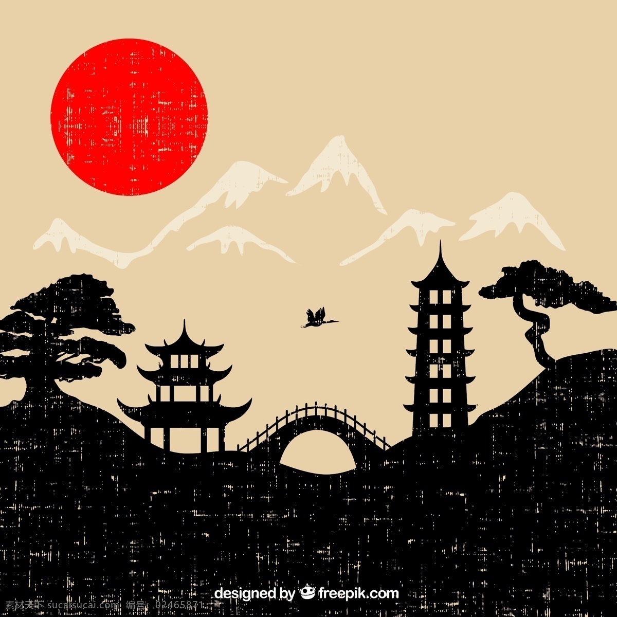 日式 风格 插画 矢量 太阳 亭子 松树 雪山 仙鹤 拱桥 日本 风景 塔 松柏 矢量图 ai格式