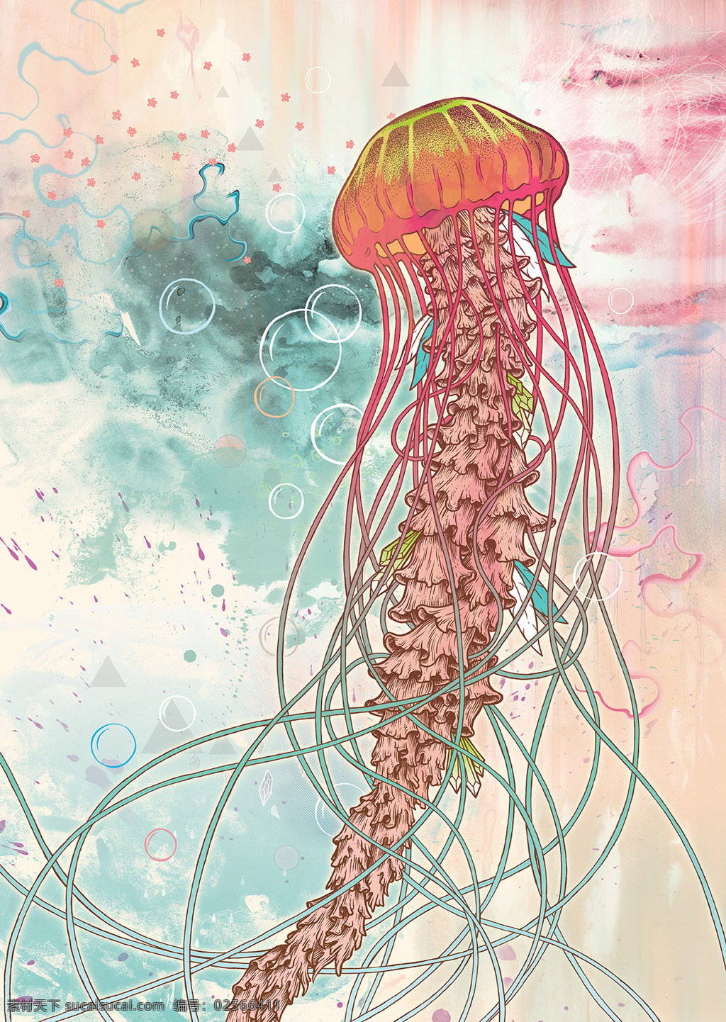 手绘 插画 海洋 水母 背景图 时尚 元素 文化艺术 绘画书法