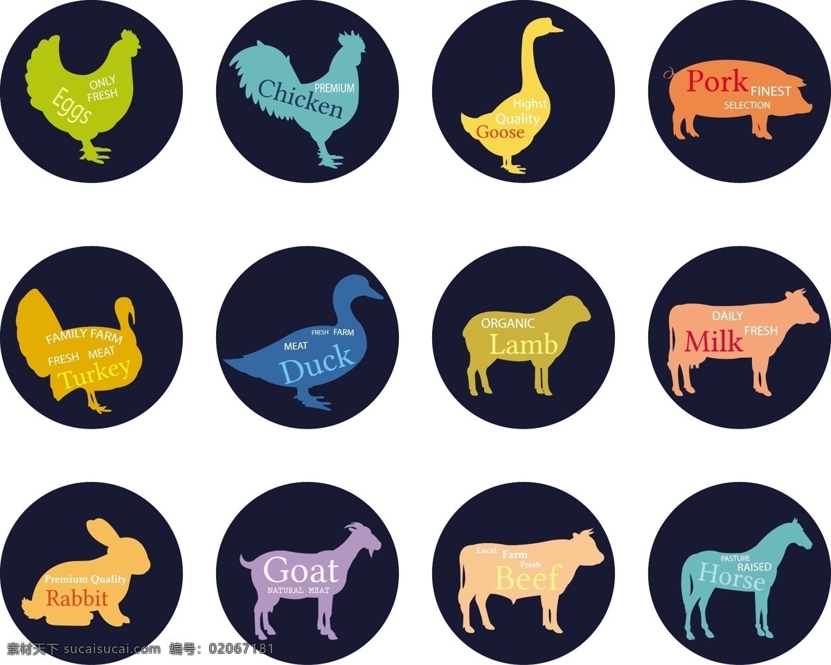 屠杀 标签 隔离 各种 动物 剪影 胼胝 自由 向量 动物标签 肉 兔子 鸡 鸭子 牛 马 羊 猪 矢量图
