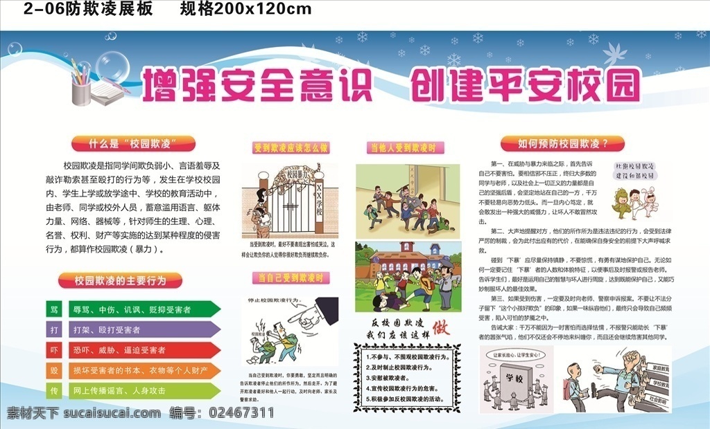 学校展板 防欺凌展板 学校文化墙 蓝色背景 学校漫画 cdr文件
